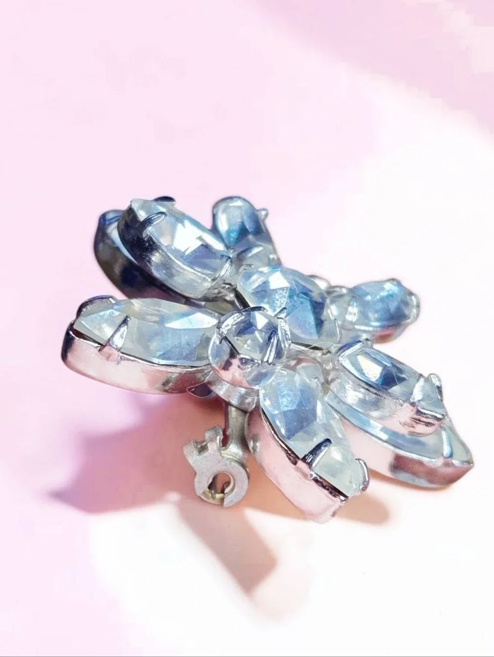 Vintage Mid-Century Silver-Tone Clear Rhinestone Flower Starburst Brooch